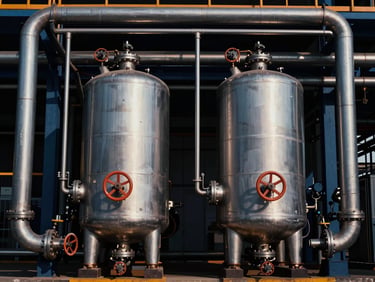 Industrial pressure vessels and piping network under dramatic backlighting, steel tones, sharp focus, 35mm