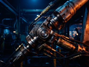 Cinematic industrial photography, close-up of a complex mechanical joint under dramatic blue and orange lighting, sharp focus, 35mm