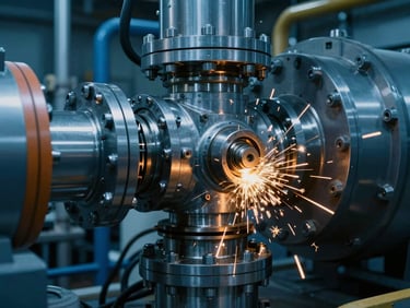 Close-up of a complex mechanical joint in a nuclear facility, cool blue tones with warm golden sparks, sharp focus, 35mm