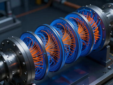 Finite element analysis mesh of a nuclear reactor heat exchanger, high contrast blue and orange stress lines, technical engineering software interface, sharp details
