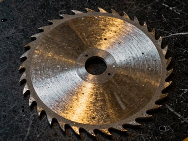 close-up of diamond-tipped circular saw blade teeth, metallic gold reflections, dark background, industrial precision, 35mm