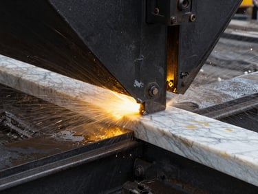 extreme close-up of a massive bridge saw cutting a white marble block, golden highlights on wet steel, water spray, sharp focus, 35mm