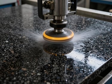 industrial calibrating machine polishing a slab of dark granite, wet surface reflections, water jets, sharp contrast, 35mm