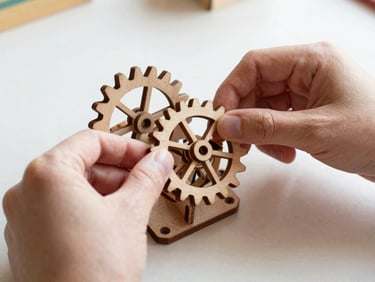 Hands fitting a wooden gear into a laser-cut mechanical STEM model, natural indoor light