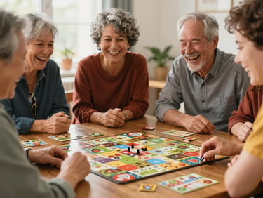 Multi-generational group laughing around a table with board game pieces, warm candid photography