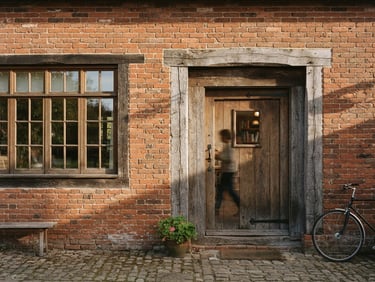 A wide-angle, warm documentary photograph of an architectural detail of a local community learning center, soft natural daylight casting long shadows on brick and timber, 35mm film style.