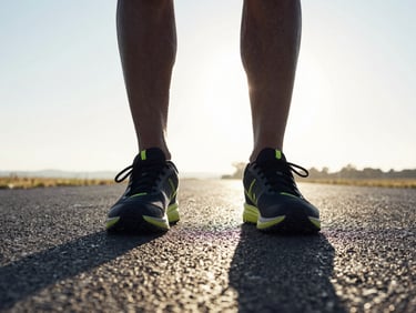 Low angle shot of running shoes on wet asphalt at sunrise, high contrast athletic photography, crisp morning sunlight, 35mm lens