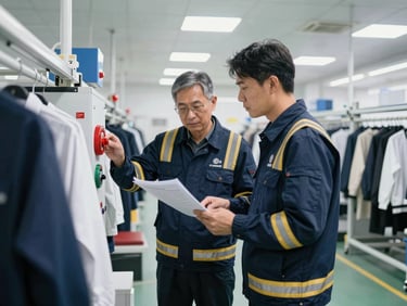 Professional safety inspector examining compliance documents and fire safety systems inside a clean, well-lit apparel manufacturing plant.
