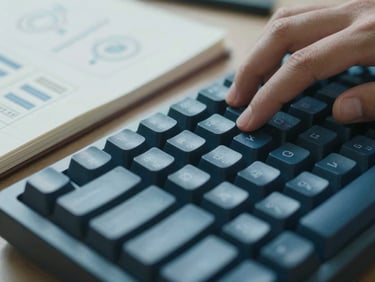 Macro close-up of hands typing on a mechanical keyboard next to a notebook with structured marketing diagrams, cool natural daylight, 35mm lens