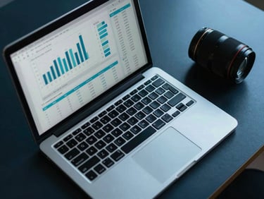 Overhead view of a clean desktop setup with a laptop showing analytics charts, cool natural daylight, deep blue tones, sharp focus, 35mm lens