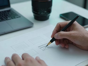 Macro shot of hands sketching wireframes on a clean desk next to a tech setup, cool daylight, teal accents, sharp focus, 35mm lens