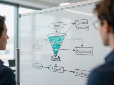 A close-up of collaborative whiteboarding in a bright modern office, focused on technical funnel flow diagrams, cool natural daylight, sharp focus, 35mm lens