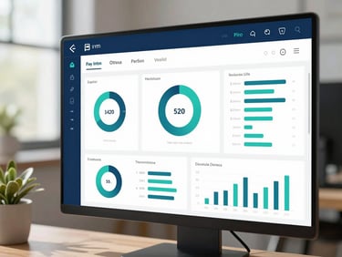 Clean desktop setup showing an analytics dashboard with charts, cool natural daylight, deep blue and teal tones, sharp focus, 35mm lens