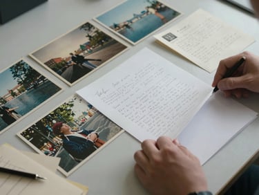 Overhead shot of archival photographs and handwritten letters spread on a neutral surface, a researcher's hand sorting documents under cool diffuse indoor light, no faces visible