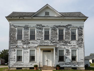 Wide environmental shot of a weathered Ohio township hall photographed straight-on in flat diffuse daylight, clapboard siding showing decades of repair, no people, recorded as historical evidence
