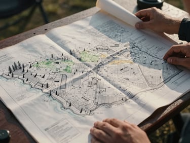Close-up of hands unfolding a large hand-drawn Montana survey map on a field table outdoors, morning light raking across the paper surface, detail of pencil annotations visible