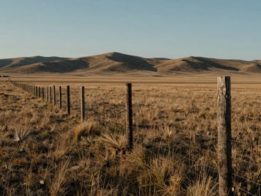 Wide environmental shot of a Montana high-plains fence line stretching toward low hills under flat morning light, weathered wooden posts, no people, documented as geographic record