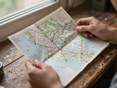 Close-up of hands holding a folded paper map over a worn wooden surface under natural window light, map creases and handwritten notations visible, archival documentation framing
