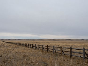 Panoramic wide shot of open Montana rangeland under flat grey overcast sky, a weathered wooden fence line running diagonally toward the left, no people, photographed as landscape documentation