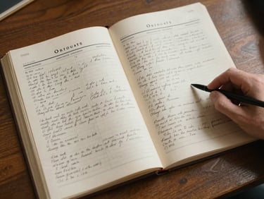 Close overhead shot of an open Ohio county deed book spread flat on a wooden table under diffuse daylight, handwritten entries visible, a researcher's finger pointing to a name in the margin