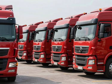 A fleet of red container trucks lined up at a logistics terminal, metallic luster, professional industrial framing.
