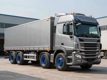 A heavy-duty semi-trailer parked in a modern factory yard, equipped with brand new blue axles, clear daylight.