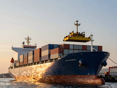 Heavy cargo ship at a busy industrial port, container chassis being loaded, dramatic sunset lighting.