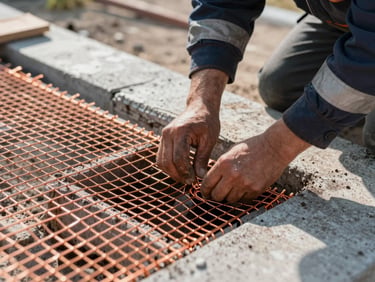 Macro shot of a technician installing heavy-duty copper mesh into a crawlspace foundation vent, crisp early morning daylight, high-contrast, professional utility gear visible