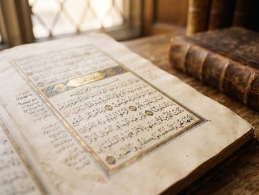 Macro photograph of a classical Arabic manuscript, textured old parchment paper, soft library window light, shallow depth of field, 35mm, no people