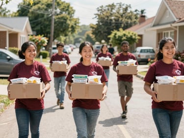 Active volunteers smiling and carrying boxes of supplies down a lively neighborhood street, natural sunlight