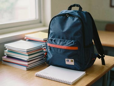 A stack of brand new school backpacks and notebooks on a wooden table, soft side window light