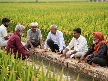 Medium shot of local farmers and Nagari officials inspecting a newly constructed irrigation canal, lush green rice fields in background, warm natural daylight, editorial documentary photography