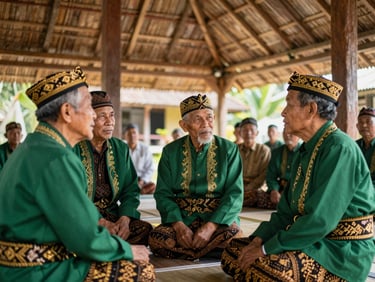 Minangkabau traditional elders in adat attire discussing in a Rumah Gadang, warm natural daylight, rich green and gold tones, sharp focus, 35mm lens