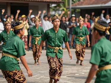 Medium shot of young people playing traditional Minangkabau sports, community cheering in the background, bright natural daylight, editorial documentary photography