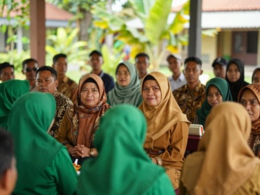 Community meeting with local residents and BPRN representatives in Nagari Dusun Tangah, warm natural daylight, rich green and gold tones, sharp focus, 35mm lens