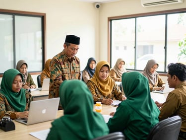 Wali Nagari and staff assisting community members in a bright, modern office, warm natural daylight, rich green and gold tones, sharp focus, 35mm lens