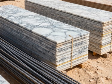 Sharp architectural photography of organized stacks of premium building materials, featuring polished marble slabs and structured steel rebars in the foreground, bright natural desert daylight casting crisp defined shadows, clean geometric composition, 35mm