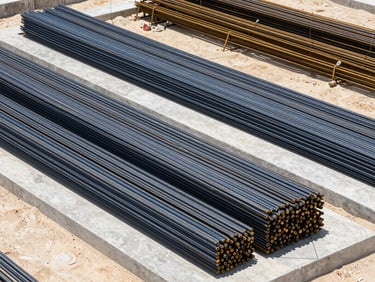 Sharp architectural photography of stacked steel rebars and concrete blocks on a modern Dubai construction site, bright desert daylight, high-contrast geometric composition, 35mm