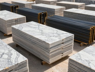 Organized stacks of premium polished marble slabs and structural steel rebars inside a modern, high-volume UAE warehouse, bright natural daylight