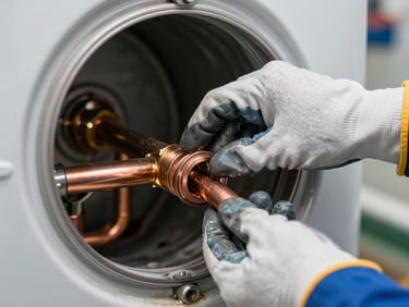 Close-up of a professional plumber's hand wearing a protective glove, carefully cleaning the interior flange of an open electric cumulus tank, clean copper pipes visible