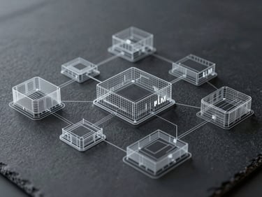 Crisp architectural wireframe diagram of a multi-agent LLM system, clean vector lines over a dark slate background, technical schematic style.