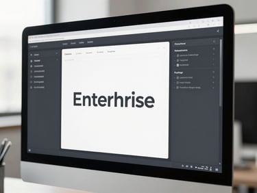 Sleek editorial photograph of a modern enterprise platform interface on a clean display, desaturated slate tones, cool diffused daylight, shallow depth of field, 35mm