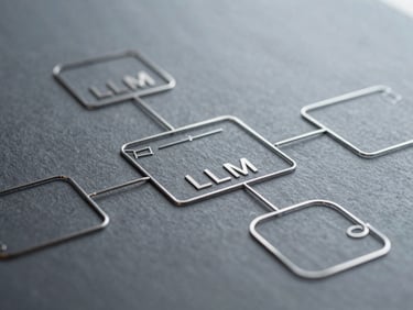Crisp architectural wireframe diagram of a multi-agent LLM pipeline, clean lines, slate and steel tones, shallow depth of field