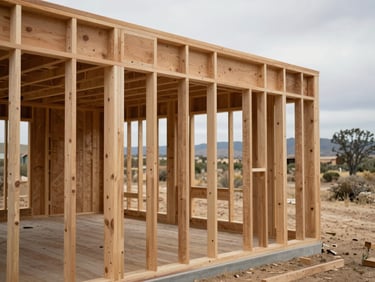 Close-up of a framed room addition in progress on a 1970s Modesto tract home, raw lumber framing visible, overcast midday light, dry Central Valley landscape in background