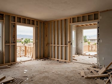 Wide environmental shot of a mid-demolition interior room in a Central Valley home, wall studs exposed, debris cleared to one side, overcast daylight through an open doorway
