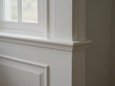 Detail shot of finish carpentry — a painted door casing and baseboard trim meeting at a corner in a freshly renovated Central Valley home, soft natural window light, clean white paint