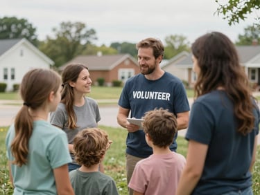 A local volunteer coordinating assistance with a family in a friendly neighborhood setting outdoors, soft overcast daylight, authentic Midwestern atmosphere.
