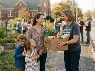 Warm editorial photography of a local Ohio volunteer handing a box of fresh groceries to a family on a sunny day, shallow depth of field, 35mm lens