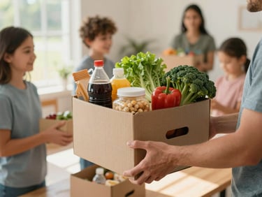 Close-up of hands handing over a box of fresh groceries and warm supplies to a family in a sunlit Ohio community center, shallow depth of field, warm natural light.