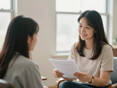 A caseworker sitting side-by-side with an individual in a bright, welcoming Ohio office, looking over documents together with a gentle, supportive smile, warm window light.